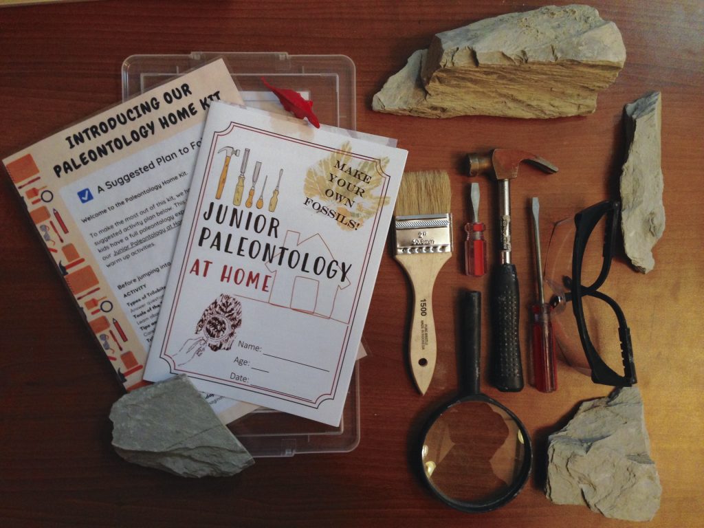 paleontology home kit laid out on a table so that you can see all of the contents: booklet, brush, 2 screwdrivers, a hammer, a magnifying glass, protective goggles, and 4 pieces of shale rock.